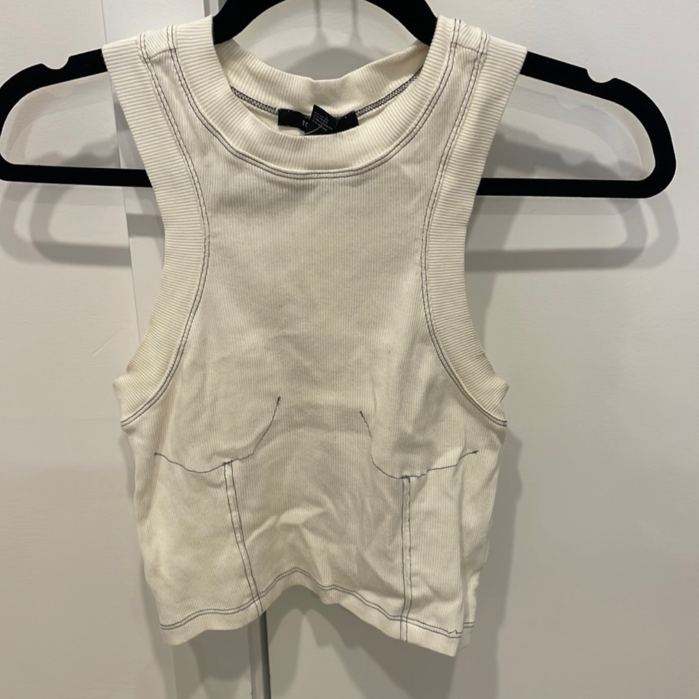 High neck ribbed tank with embroidered detail